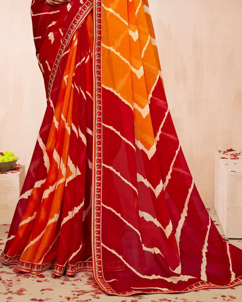 Vishal Prints Shaded Sindoori Red Orange Traditional Print Chiffon Saree With Fancy Embroidery Border