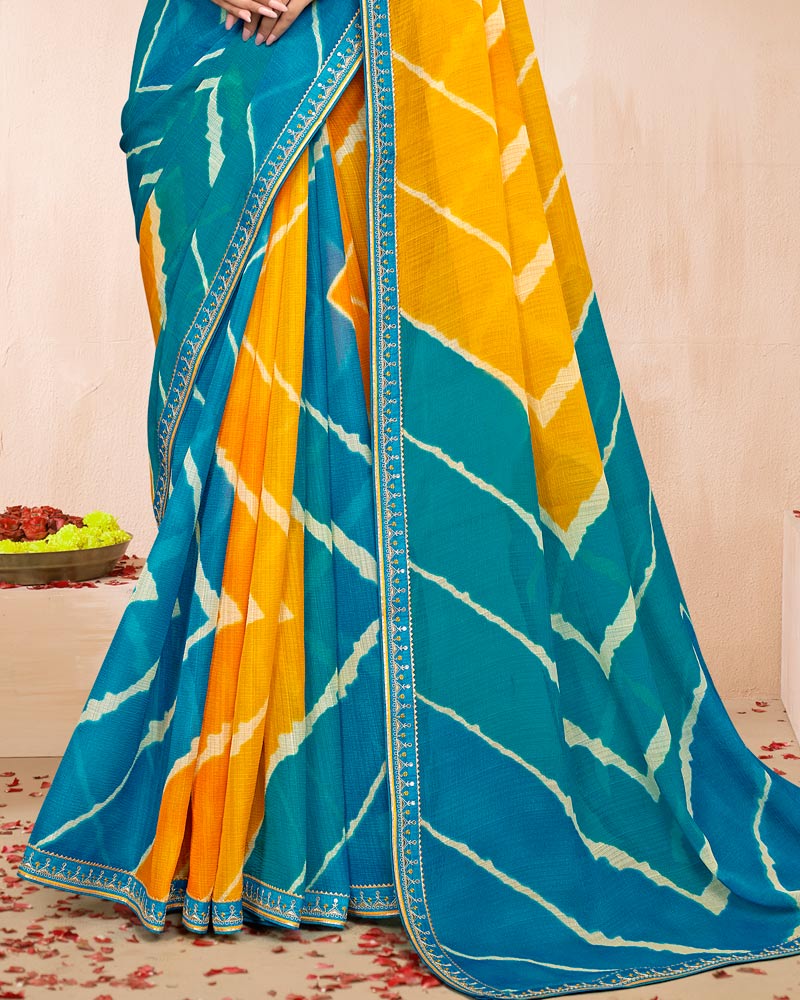 Vishal Prints Shaded Blue Yellow Traditional Print Chiffon Saree With Fancy Embroidery Border