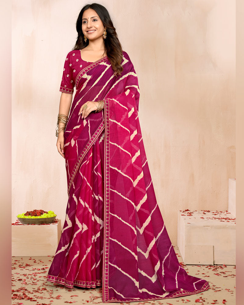 Vishal Prints Shaded Magenta Rani Traditional Print Chiffon Saree With Fancy Embroidery Border