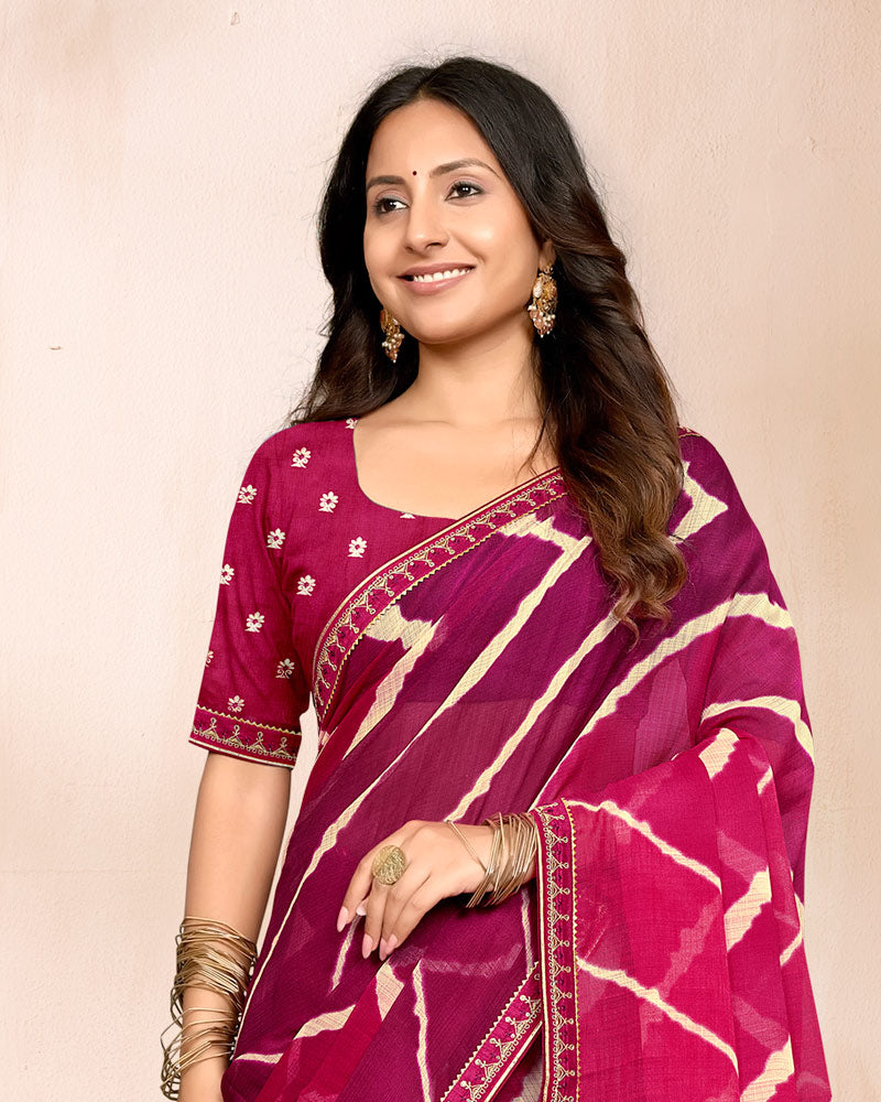 Vishal Prints Shaded Magenta Rani Traditional Print Chiffon Saree With Fancy Embroidery Border