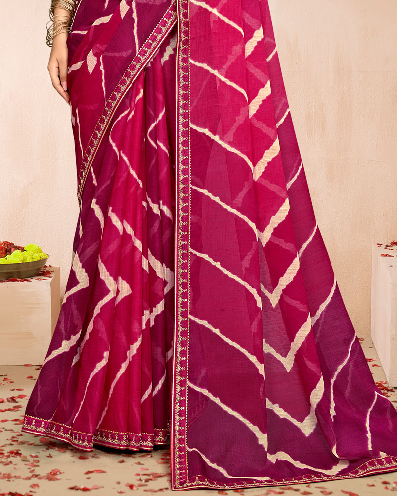 Vishal Prints Shaded Magenta Rani Traditional Print Chiffon Saree With Fancy Embroidery Border