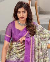 Vishal Prints Deep Magenta Digital Print Chiffon Saree With Weaved Satin Patta