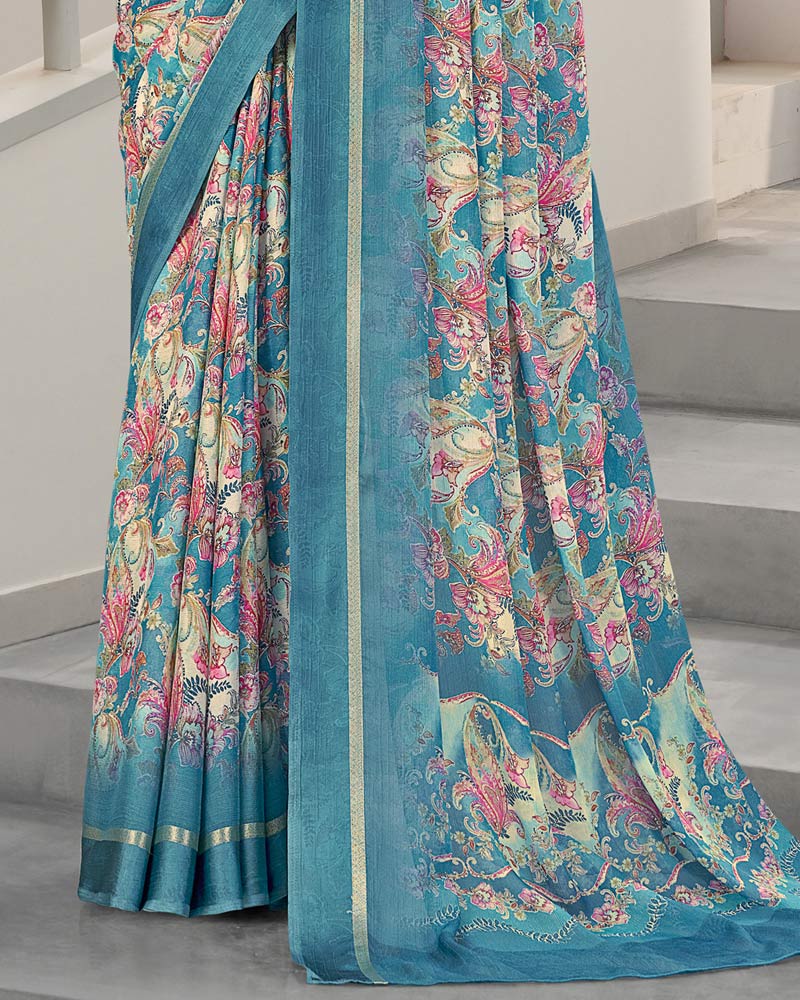 Vishal Prints Astral Blue Digital Print Chiffon Saree With Weaved Satin Patta