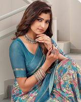 Vishal Prints Astral Blue Digital Print Chiffon Saree With Weaved Satin Patta