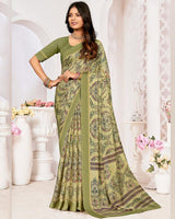 Vishal Prints Khaki Green Printed Chiffon Digital Print Saree With Weaved Satin Patta