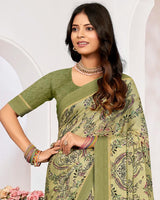 Vishal Prints Khaki Green Printed Chiffon Digital Print Saree With Weaved Satin Patta