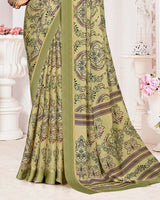 Vishal Prints Khaki Green Printed Chiffon Digital Print Saree With Weaved Satin Patta