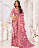 Vishal Prints Dusty Pink Printed Chiffon Digital Print Saree With Weaved Satin Patta