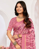 Vishal Prints Dusty Pink Printed Chiffon Digital Print Saree With Weaved Satin Patta