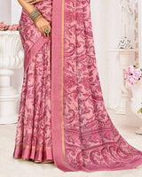 Vishal Prints Dusty Pink Printed Chiffon Digital Print Saree With Weaved Satin Patta