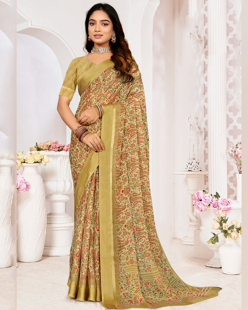 Vishal Prints Sandy Brown Printed Chiffon Digital Print Saree With Weaved Satin Patta