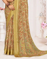 Vishal Prints Sandy Brown Printed Chiffon Digital Print Saree With Weaved Satin Patta