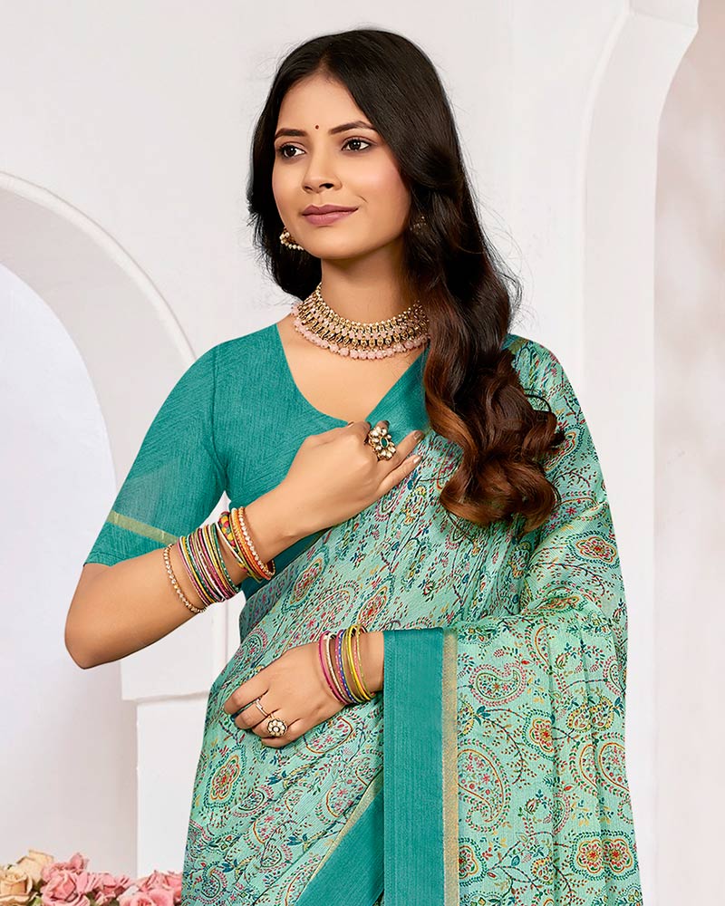 Vishal Prints Light Sea Green Printed Chiffon Digital Print Saree With Weaved Satin Patta