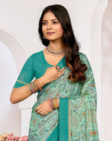 Vishal Prints Light Sea Green Printed Chiffon Digital Print Saree With Weaved Satin Patta
