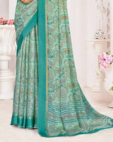 Vishal Prints Light Sea Green Printed Chiffon Digital Print Saree With Weaved Satin Patta