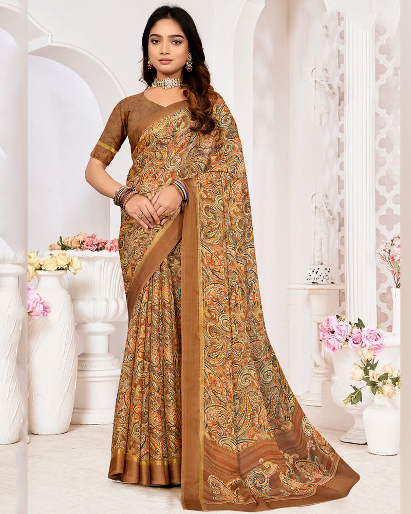 Vishal Prints Light Brown Printed Chiffon Digital Print Saree With Weaved Satin Patta
