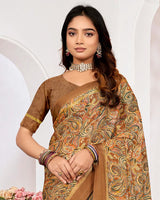 Vishal Prints Light Brown Printed Chiffon Digital Print Saree With Weaved Satin Patta
