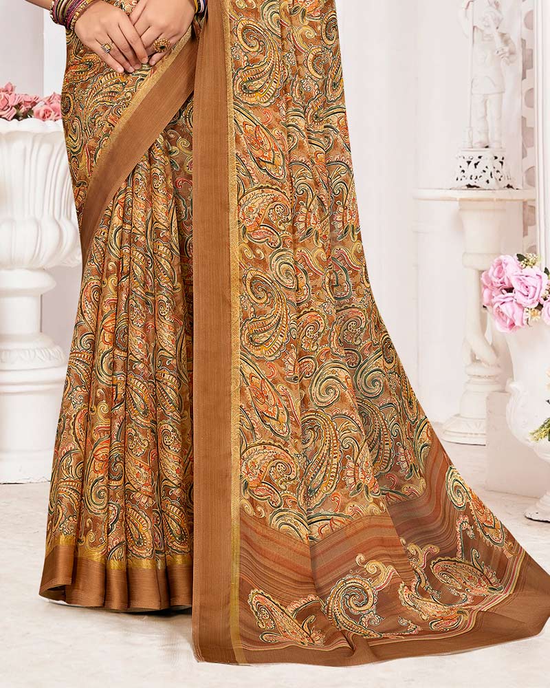 Vishal Prints Light Brown Printed Chiffon Digital Print Saree With Weaved Satin Patta