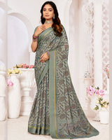 Vishal Prints Dusty Grey Printed Chiffon Digital Print Saree With Weaved Satin Patta
