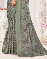 Vishal Prints Dusty Grey Printed Chiffon Digital Print Saree With Weaved Satin Patta