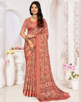 Vishal Prints Dark Salmon Pink Printed Chiffon Digital Print Saree With Weaved Satin Patta