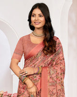 Vishal Prints Dark Salmon Pink Printed Chiffon Digital Print Saree With Weaved Satin Patta