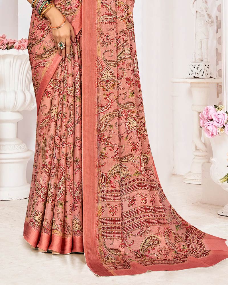 Vishal Prints Dark Salmon Pink Printed Chiffon Digital Print Saree With Weaved Satin Patta