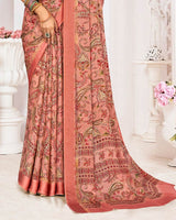 Vishal Prints Dark Salmon Pink Printed Chiffon Digital Print Saree With Weaved Satin Patta