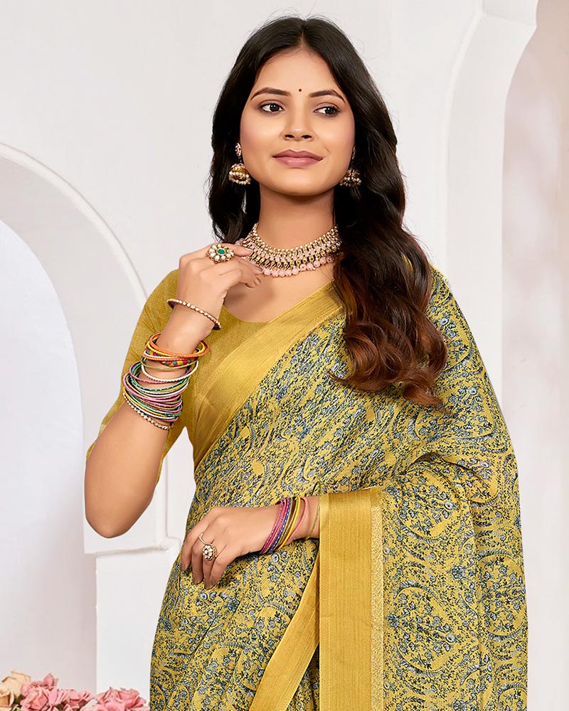 Vishal Prints Indian Yellow Printed Chiffon Digital Print Saree With Weaved Satin Patta