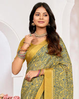 Vishal Prints Indian Yellow Printed Chiffon Digital Print Saree With Weaved Satin Patta