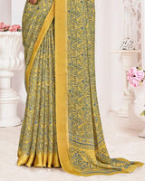 Vishal Prints Indian Yellow Printed Chiffon Digital Print Saree With Weaved Satin Patta