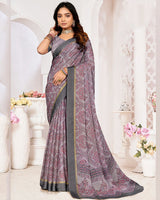 Vishal Prints Dusty Grey Purple Printed Chiffon Digital Print Saree With Weaved Satin Patta