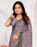 Vishal Prints Dusty Grey Purple Printed Chiffon Digital Print Saree With Weaved Satin Patta
