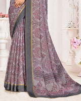 Vishal Prints Dusty Grey Purple Printed Chiffon Digital Print Saree With Weaved Satin Patta