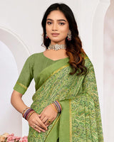 Vishal Prints Pastel Spring Green Printed Chiffon Digital Print Saree With Weaved Satin Patta