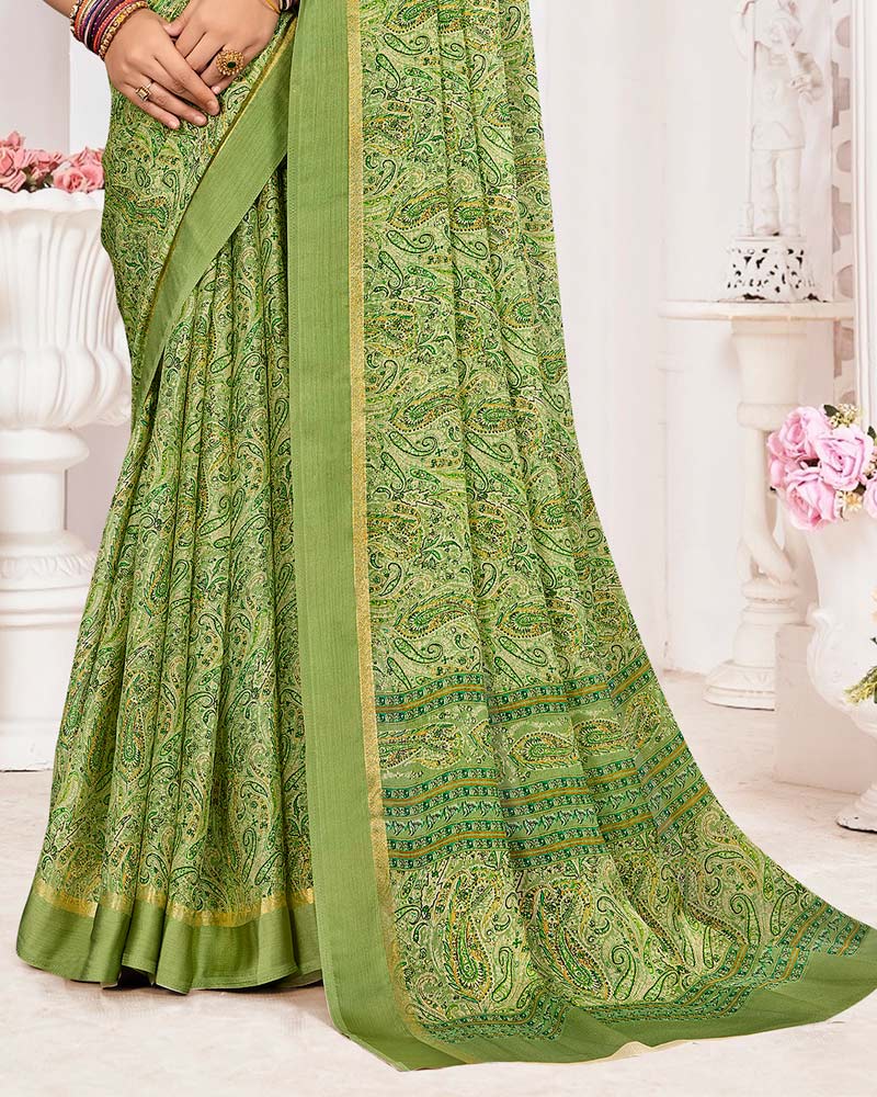 Vishal Prints Pastel Spring Green Printed Chiffon Digital Print Saree With Weaved Satin Patta