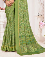 Vishal Prints Pastel Spring Green Printed Chiffon Digital Print Saree With Weaved Satin Patta