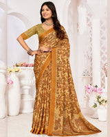 Vishal Prints Brownish Orange Printed Chiffon Digital Print Saree With Weaved Satin Patta