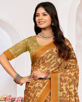 Vishal Prints Brownish Orange Printed Chiffon Digital Print Saree With Weaved Satin Patta