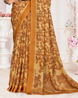 Vishal Prints Brownish Orange Printed Chiffon Digital Print Saree With Weaved Satin Patta