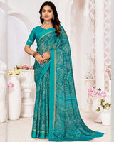 Vishal Prints Eastern Blue Printed Chiffon Digital Print Saree With Weaved Satin Patta