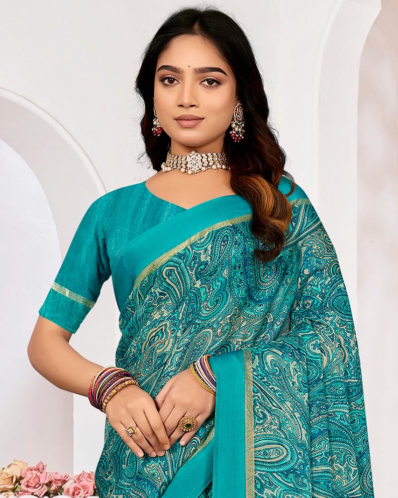 Vishal Prints Eastern Blue Printed Chiffon Digital Print Saree With Weaved Satin Patta
