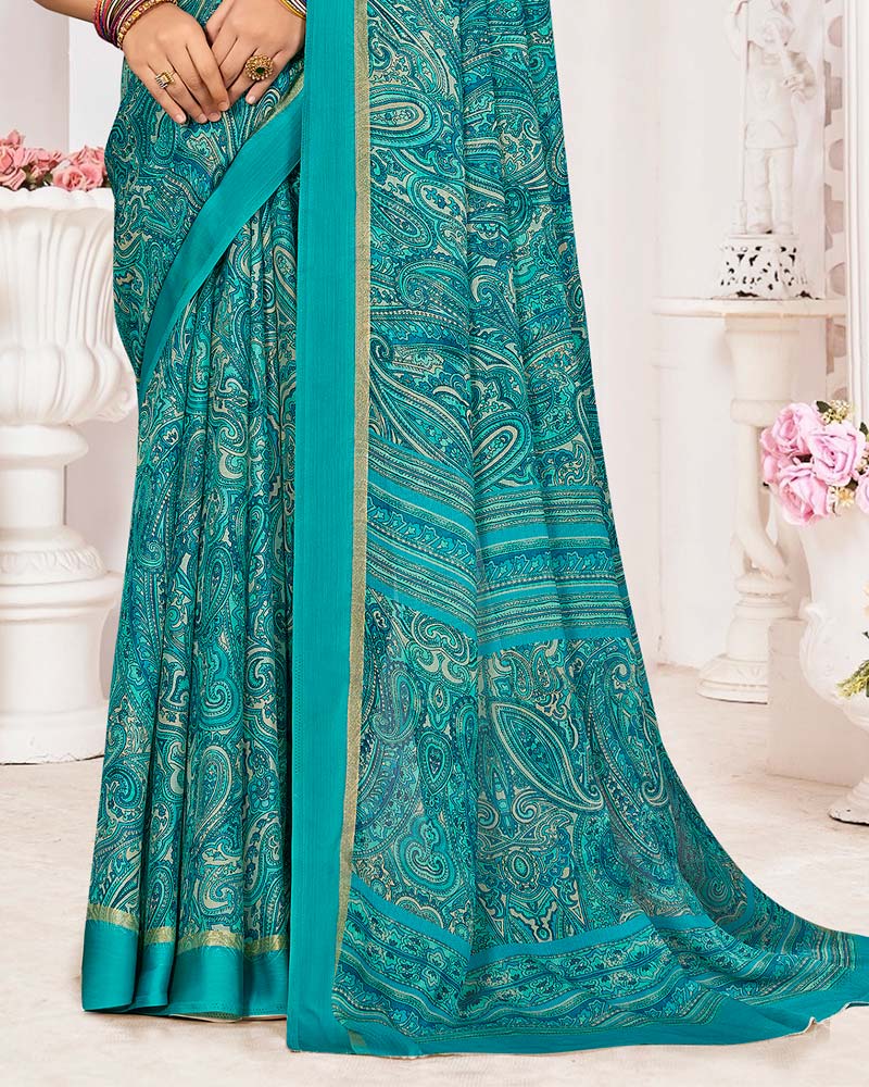 Vishal Prints Eastern Blue Printed Chiffon Digital Print Saree With Weaved Satin Patta