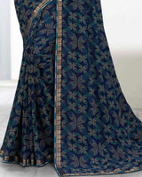 Vishal Prints Dark Navy Blue Printed Georgette Saree With Zari Border