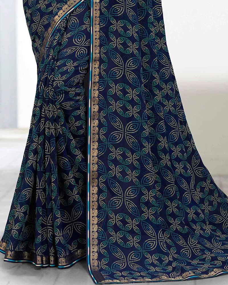 Vishal Prints Dark Navy Blue Printed Georgette Saree With Zari Border