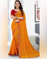 Vishal Prints Orange Printed Georgette Saree With Zari Border