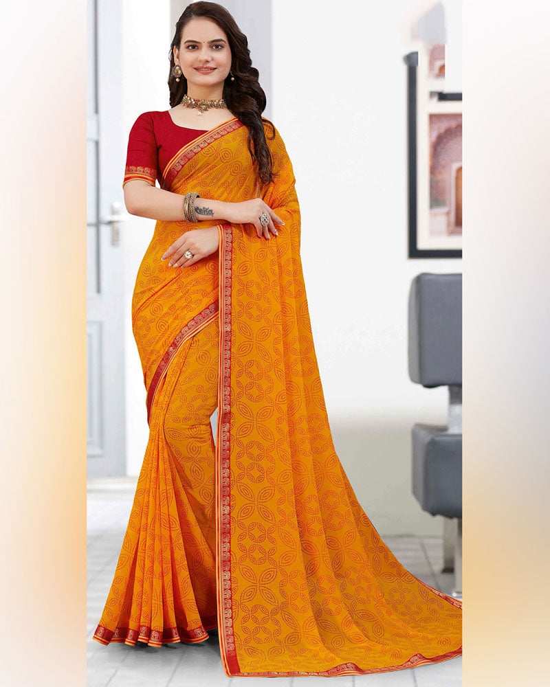 Vishal Prints Orange Printed Georgette Saree With Zari Border