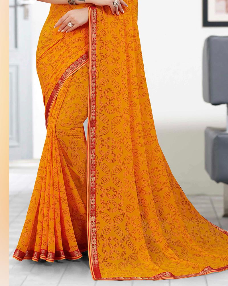 Vishal Prints Orange Printed Georgette Saree With Zari Border