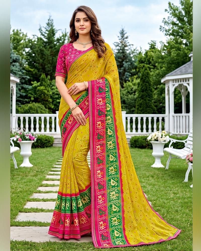 Vishal Prints Lemon Yellow Printed Chiffon Saree With Mirror Work And Fancy Border