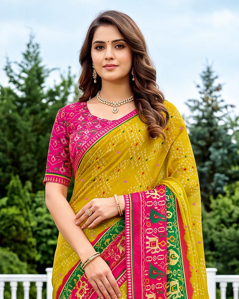 Vishal Prints Lemon Yellow Printed Chiffon Saree With Mirror Work And Fancy Border